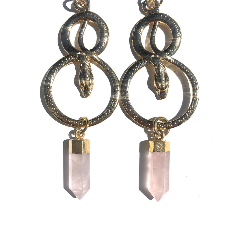 Kundalini Serpent Rose Quartz Crystal Earrings